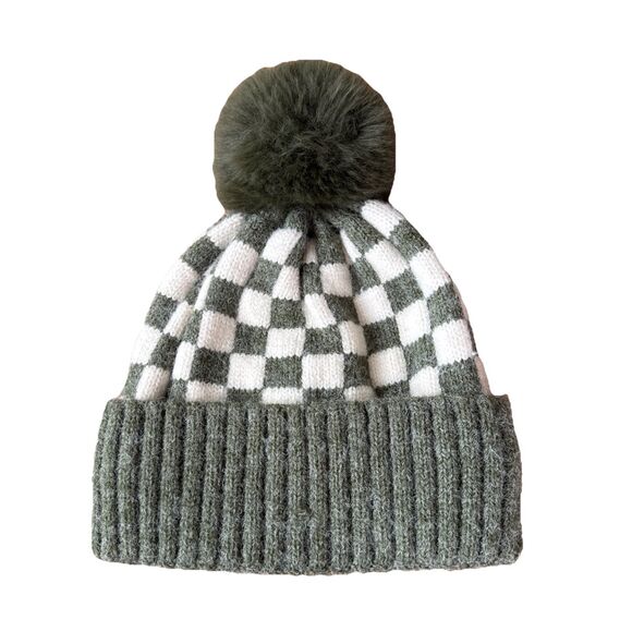 Bubu Checker Pom Beanie Kids Size Medium 1-6 Years Olive Green - Picture 5 of 6
